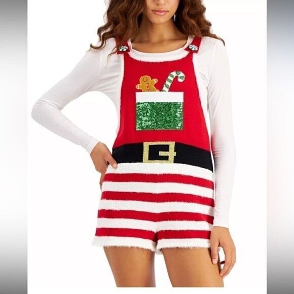 Hooked Up by IOT Juniors Gingerbread Pocket Romper,Medium, New - Picture 2 of 9